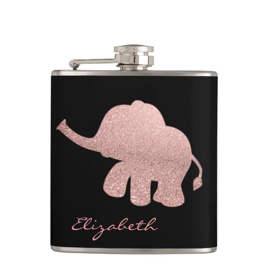 Rose Gold Glitzer Elephant, Schwarz - Personalisie Flachmann (Vorderseite)