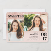 Rose Gold Glitzer erröten 3 Fotos Sweet 16 Geburts Einladung (Vorderseite)