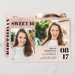 Rose Gold Glitzer erröten 3 Fotos Sweet 16 Geburts Einladung