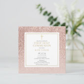 Rose Gold Glitzer Erster Kommunionsplatz Einladung (Stehend Vorderseite)