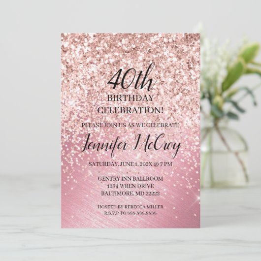 Rose Gold Glitzer Fab Glam Birthday Party Inv Einladung (Stehend Vorderseite)