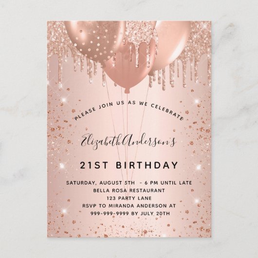 Rose Gold Glitzer fällt Ballons Einladungspostkarte (Vorderseite)