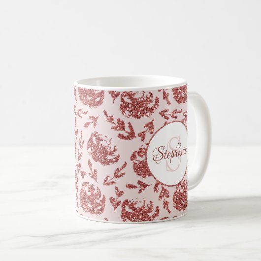 Rose Gold Glitzer Floral Monogram Kaffeetasse (VorderseiteRechts)