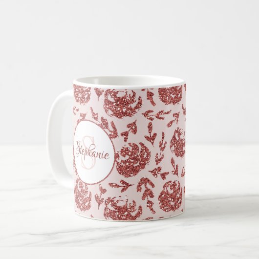 Rose Gold Glitzer Floral Monogram Kaffeetasse (Vorderseite Links)