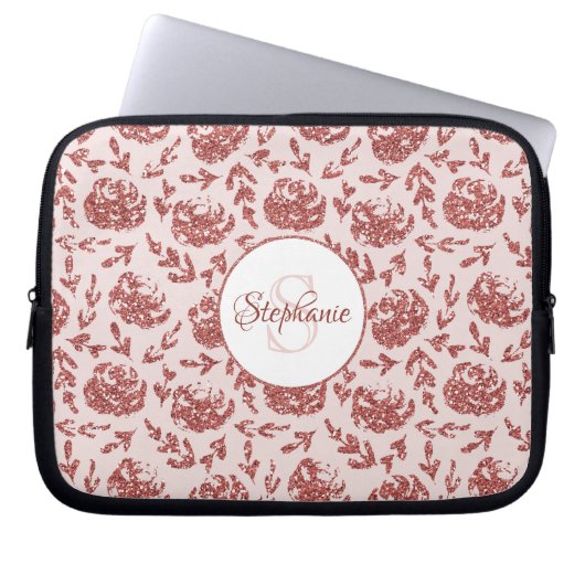 Rose Gold Glitzer Floral Monogram Personalisiert Laptopschutzhülle (Vorderseite)
