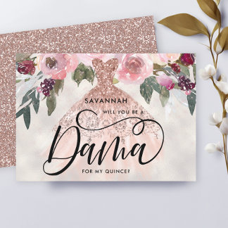 Rose Gold Glitzer Floral Quinceañera Dama Vorschla Einladung