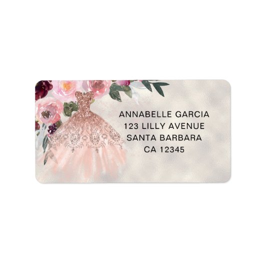 Rose Gold Glitzer Floral Quinceñera Adressaufkleber (Vorne)