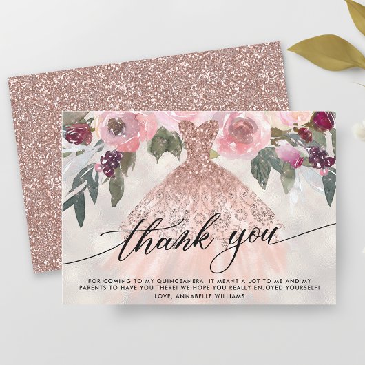 Rose Gold Glitzer Floral Quinceñera Dankeskarte