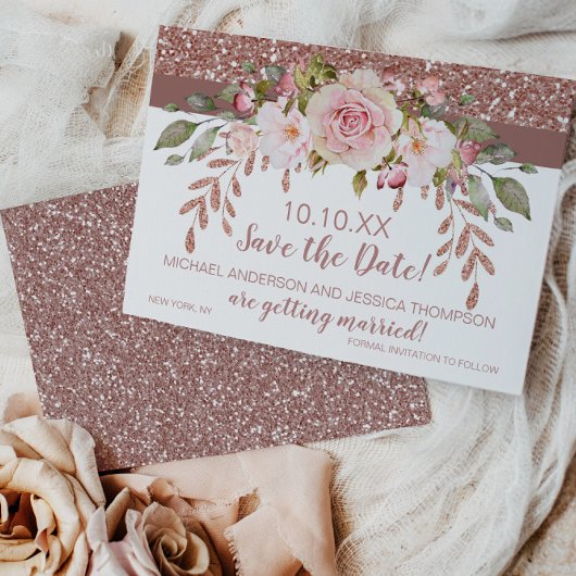 Rose Gold Glitzer Floral Save the Date
