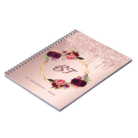 Rose Gold Glitzer Florals Monogramm Bordeaux Notizblock (Linke Seite)