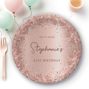 Rose Gold Glitzer Foil 21. Geburtstagsmonogramm Pappteller