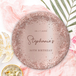 Rose Gold Glitzer Foil 30th Birthday Monogram Pappteller