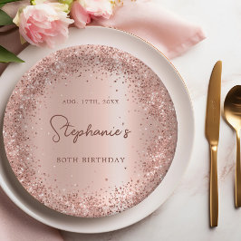 Rose Gold Glitzer Foil 80th Birthday Monogram Pappteller