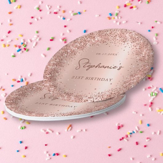 Rose Gold Glitzer Foil 90th Birthday Monogram Pappteller