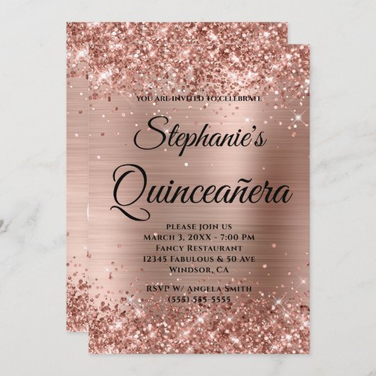 Rose Gold Glitzer Foil Extravagant Monogram Quince Einladung (Vorne/Hinten)