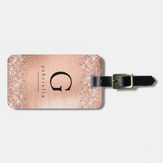 Rose Gold Glitzer Foil Monogramm Gepäckanhänger (Vorderseite horizontal)