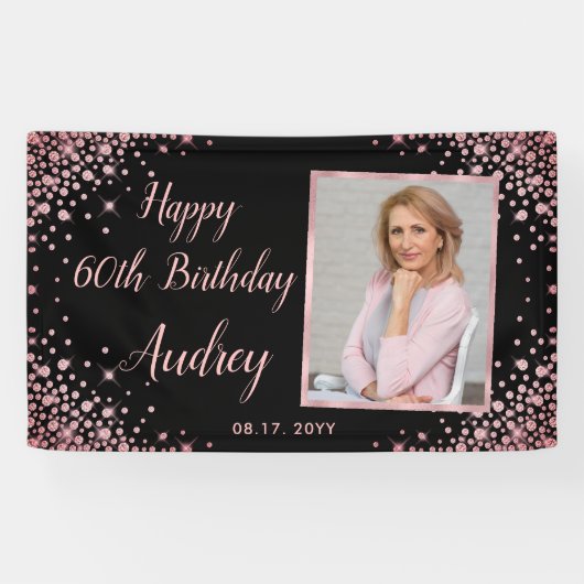 Rose Gold Glitzer Foto 60. Geburtstag Willkommen Banner (Horizontal)