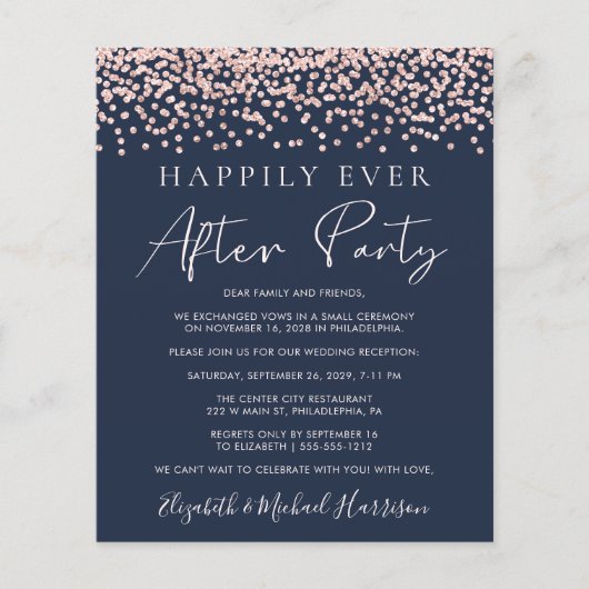 Rose Gold Glitzer Foto Blauer Empfang Einladung (Vorderseite)