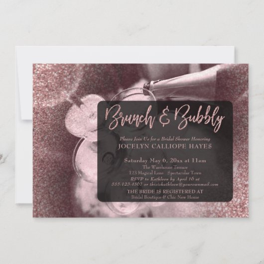 Rose Gold Glitzer Foto Brunch & Bubbly Script Einladung (Vorderseite)
