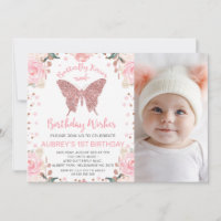 Rose Gold Glitzer Foto Butterfly Kisses Geburtstag