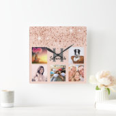 Rose Gold Glitzer Foto Collage Quadratische Wanduhr (Zuhause)