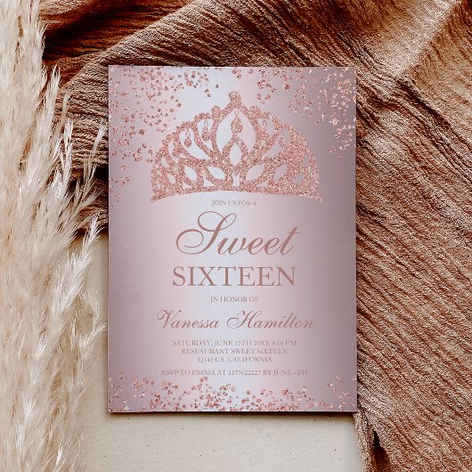 Rose Gold Glitzer Foto Folie Kronen Tiara Sweet 16 Einladung
