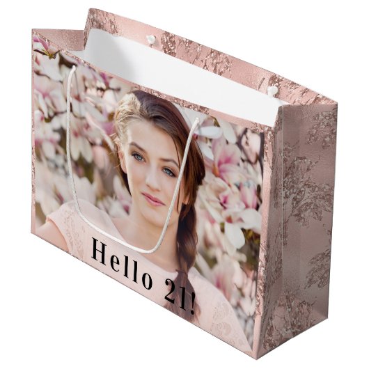 Rose Gold Glitzer Foto Große Geschenktüte (Vorderseite Schrägansicht)