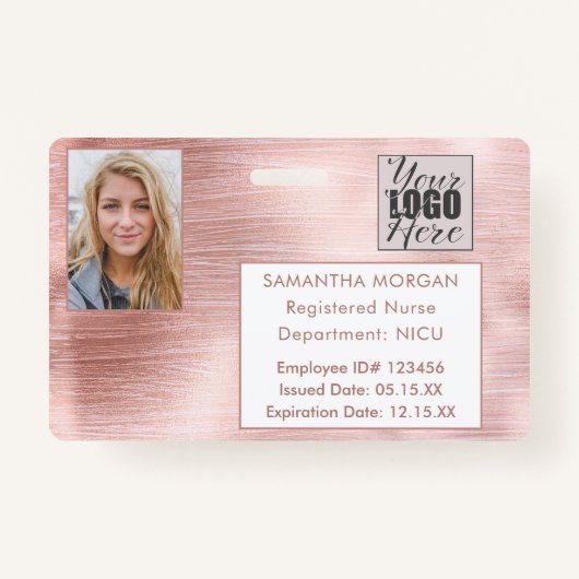 Rose Gold Glitzer Foto Logo Mitarbeiter-ID-Abzeich Ausweis (Vorderseite)