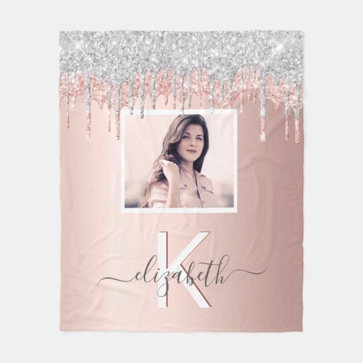 Rose Gold Glitzer Foto-Monogramm Fleecedecke (Vorderseite)