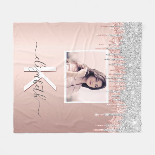 Rose Gold Glitzer Foto-Monogramm Fleecedecke (Vorderseite (Horizontal))