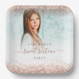 Rose Gold Glitzer Foto Name 16 . Geburtstag Party Pappteller
