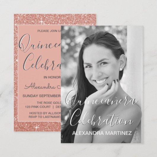 Rose Gold Glitzer Foto - Quinceanera Feier Einladung (Vorne/Hinten)