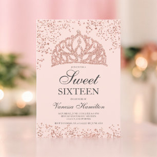 Rose Gold Glitzer Foto Rosa Krone Sweet 16 Einladung