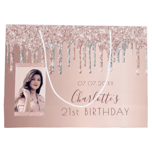 Rose Gold Glitzer Foto Rosa Silbername Große Geschenktüte (Rückseite)