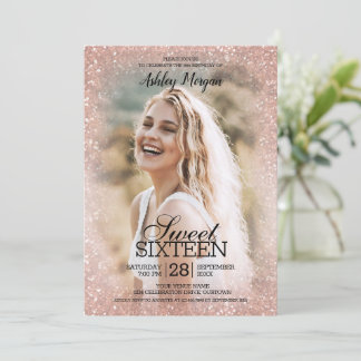 Rose Gold Glitzer Fotovorlage Sweet 16 Party Einladung