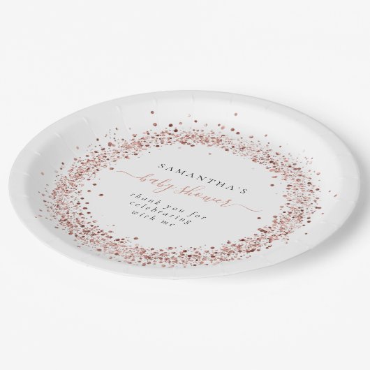 Rose Gold Glitzer Frame Name Dank Kinderdusche Pappteller (Schrägansicht)