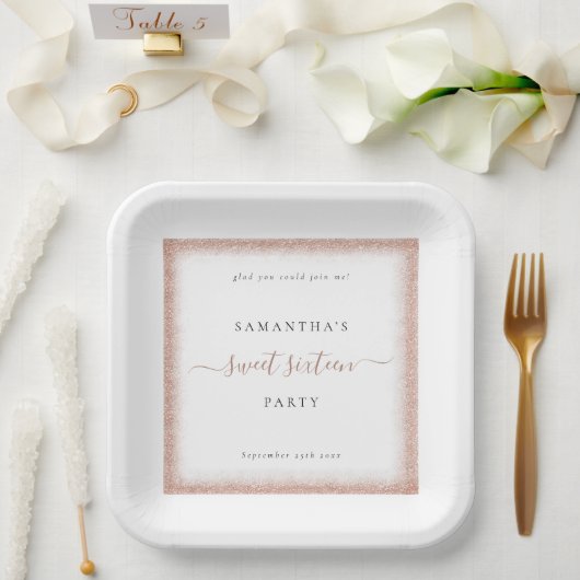 Rose Gold Glitzer Frame Name Datum Weiß Süß 16 Pappteller (Hochzeit)