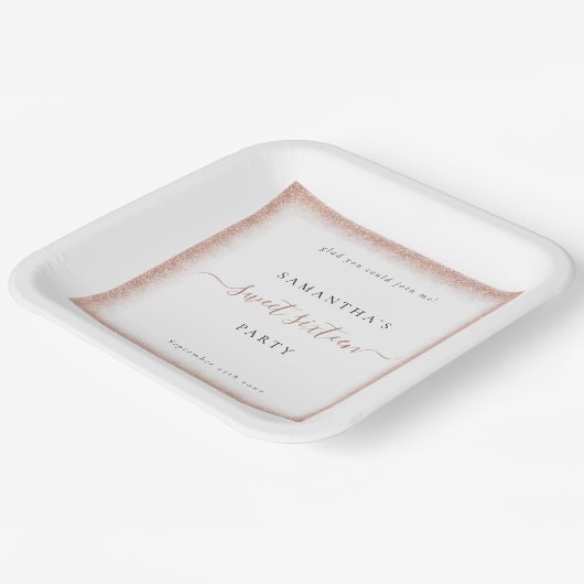 Rose Gold Glitzer Frame Name Datum Weiß Süß 16 Pappteller (Gewinkelt)