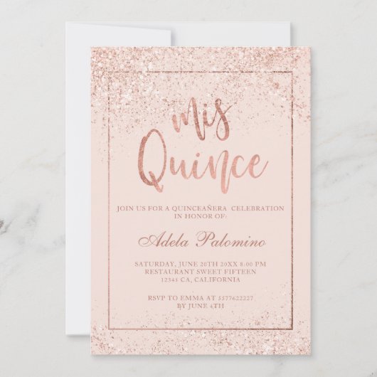 Rose Gold Glitzer Frame Skript erröten Quinceañera Einladung (Vorderseite)
