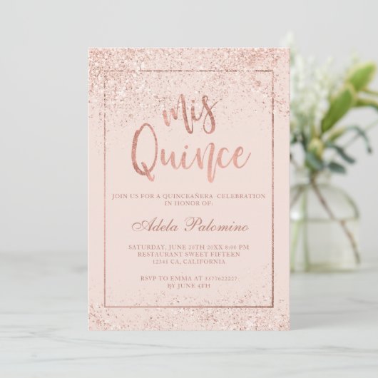 Rose Gold Glitzer Frame Skript erröten Quinceañera Einladung (Stehend Vorderseite)