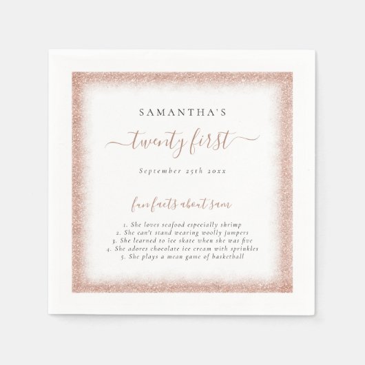 Rose Gold Glitzer Fun Fakten Name Datum 21. Party Serviette (Vorderseite)