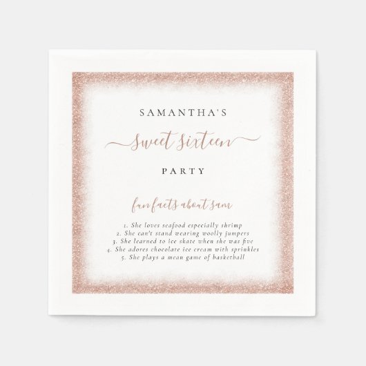 Rose Gold Glitzer Fun Fakten Name Sweet 16 Party Serviette (Vorderseite)