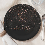 Rose Gold Glitzer Funkelnd Elegantes Glamour Scrip Pappteller<br><div class="desc">Erstellen Sie Ihre eigene personalisierte schwarze und Rose goldene Karo-Funkelpapier-Platte mit Ihrem benutzerdefinierten,  modernen handgeschriebenen Skriptnamen.</div>