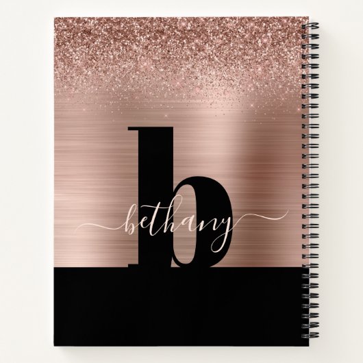Rose Gold Glitzer gebürstetes Schwarz-Monogramm Notizblock (Rückseite)