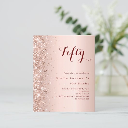 Rose Gold Glitzer Geburtstagseinladung (Stehend Vorderseite)