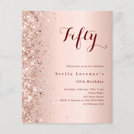 Rose Gold Glitzer Geburtstagseinladung (Vorderseite)
