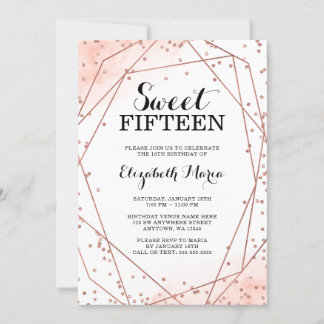 Rose Gold Glitzer Geometric Sweet 15 Quinceañera Einladung