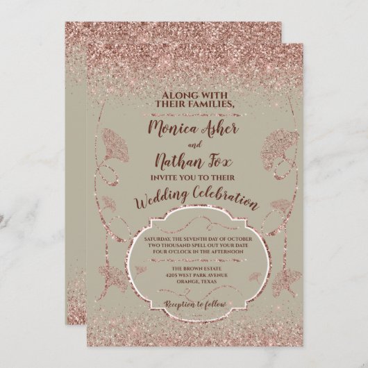 Rose Gold Glitzer Gingko Blätter auf Gray Mist (Vorne/Hinten)