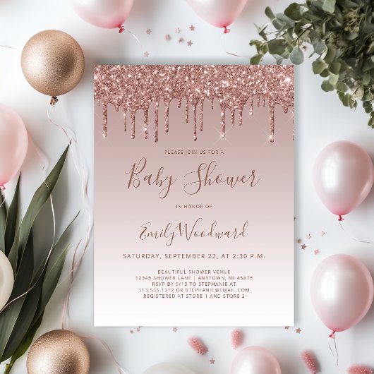 Rose Gold Glitzer Girl Kinderdusche Einladung Postkarte