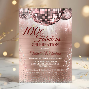 Rose Gold Glitzer Glam 100. Geburtstag Disco Ball Einladung